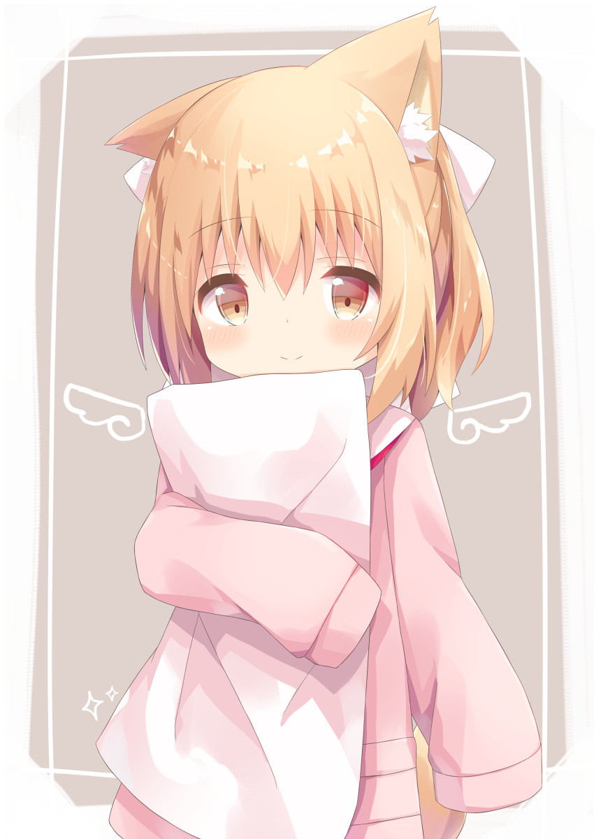 1girl absurdres animal_ear_fluff animal_ears bangs blush brown_eyes closed_mouth commentary_request drawn_wings eyebrows_visible_through_hair grey_background hair_between_eyes hair_ribbon highres light_brown_hair long_sleeves looking_at_viewer miike-chan nakkar original pillow pillow_hug pink_sweater ribbon sailor_collar sleeves_past_fingers sleeves_past_wrists smile solo sparkle sweater tail two-tone_background upper_body white_background white_ribbon white_sailor_collar