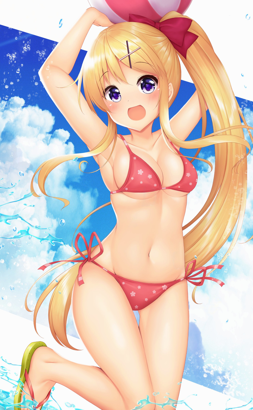 1girl :d absurdres arms_up ball bangs beachball bikini blonde_hair blush bow breasts clouds cloudy_sky commentary_request cute eyebrows_visible_through_hair floral_print hair_ornament highres hobunsha kin-iro_mosaic kujou_karen leg_up long_hair looking_at_viewer medium_breasts minato_(ojitan_gozaru) navel ocean open_mouth ponytail red_bikini red_bow sandals side-tie_bikini sidelocks sky smile solo string_bikini studio_gokumi summer swept_bangs swimsuit very_long_hair violet_eyes wading water water_drop x_hair_ornament