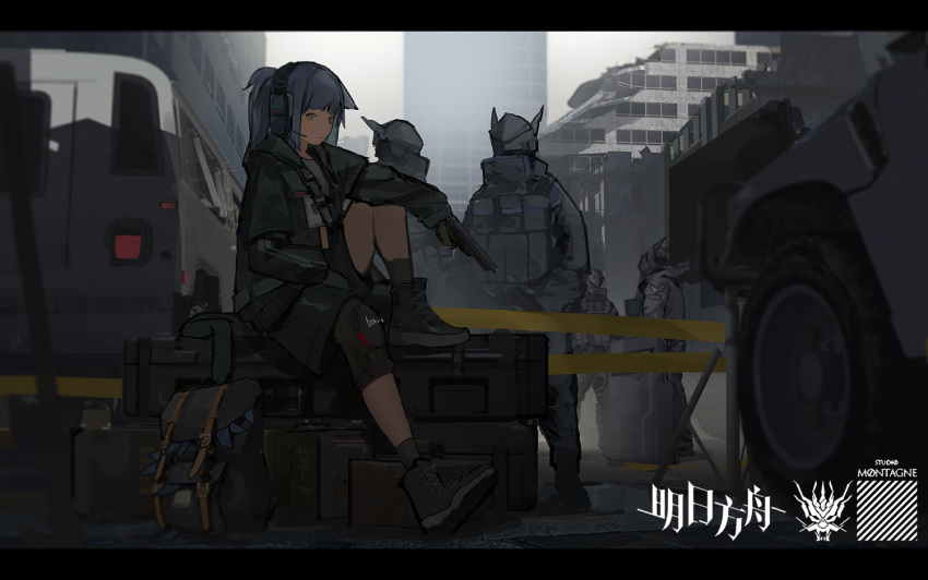 1girl 4others arknights backpack backpack_removed bag black_gloves black_hair black_legwear building car gloves green_eyes ground_vehicle gun handgun headset helmet holding holding_gun holding_weapon horns jacket jessica_(arknights) knee_pads long_hair looking_at_viewer motor_vehicle multiple_others outdoors ponytail riot_shield ruins sitting socks van weapon yuzhou_xingshi_bu_li_dong_ni