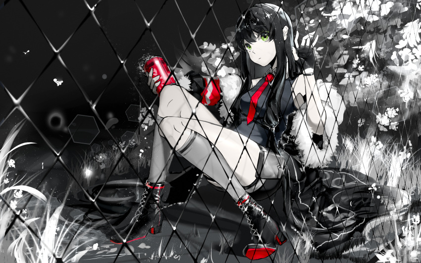 1girl black_footwear black_gloves black_hair can fence fingerless_gloves fur_trim gloves grass green_eyes grey_legwear grey_theme hand_up highres kneehighs long_hair looking_at_viewer original outdoors pouch red_neckwear sitting soda_can spot_color thigh_pouch windworker