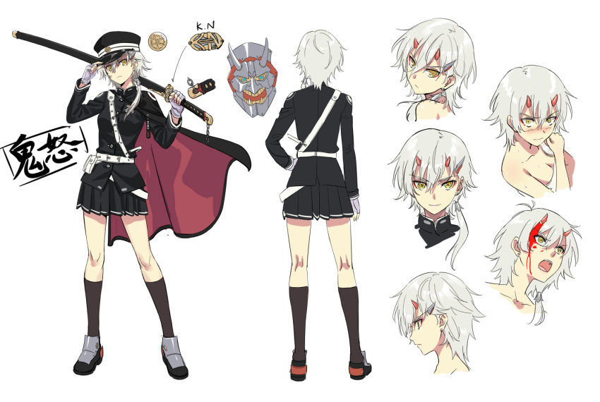 1girl adjusting_headwear azur_lane back badge belt belt_pouch black_cape black_coat black_footwear black_headwear black_legwear black_skirt blood blood_on_face blush breasts cape character_name closed_mouth coat concept_art embarrassed expressionless fingerless_gloves full_body gloves hair_ribbon hand_on_headwear hand_on_hip hat injury katana kinu_(azur_lane) kneehighs long_sleeves looking_at_viewer medium_breasts military military_hat military_uniform miniskirt multiple_views oni_horns oni_mask over_shoulder pleated_skirt pouch profile ribbon sakuramon scabbard sheath sheathed shoes short_hair_with_long_locks silver_hair simple_background skirt smile standing sword thighs towel tress_ribbon uniform weapon weapon_over_shoulder werkbau white_background white_gloves yellow_eyes