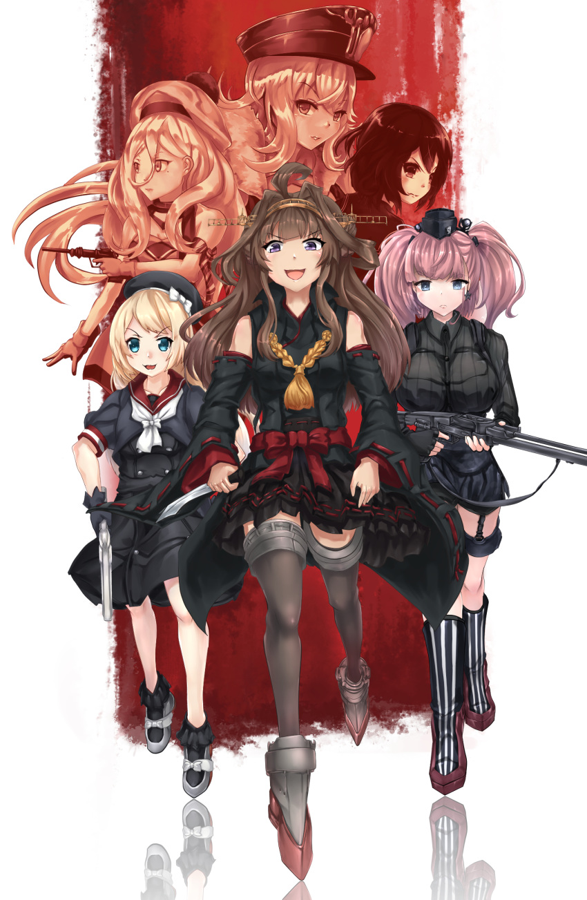 6+girls ahoge alternate_color atlanta_(kantai_collection) azur_lane beret black_headwear blonde_hair blue_eyes boots breasts brown_hair crossover double_bun earrings garrison_cap gloves graf_zeppelin_(azur_lane) grey_eyes gun hair_between_eyes hairband hat high_heels highres inglourious_basterds jervis_(kantai_collection) jewelry kantai_collection kongou_(kantai_collection) large_breasts long_hair mary_janes mole mole_under_eye mole_under_mouth multiple_girls mutsuki_(kantai_collection) nontraditional_miko parody remodel_(kantai_collection) richelieu_(kantai_collection) sailor_hat shoes skirt star star_earrings thigh-highs thigh_boots thigh_strap two_side_up wakaura_asaho weapon white_gloves