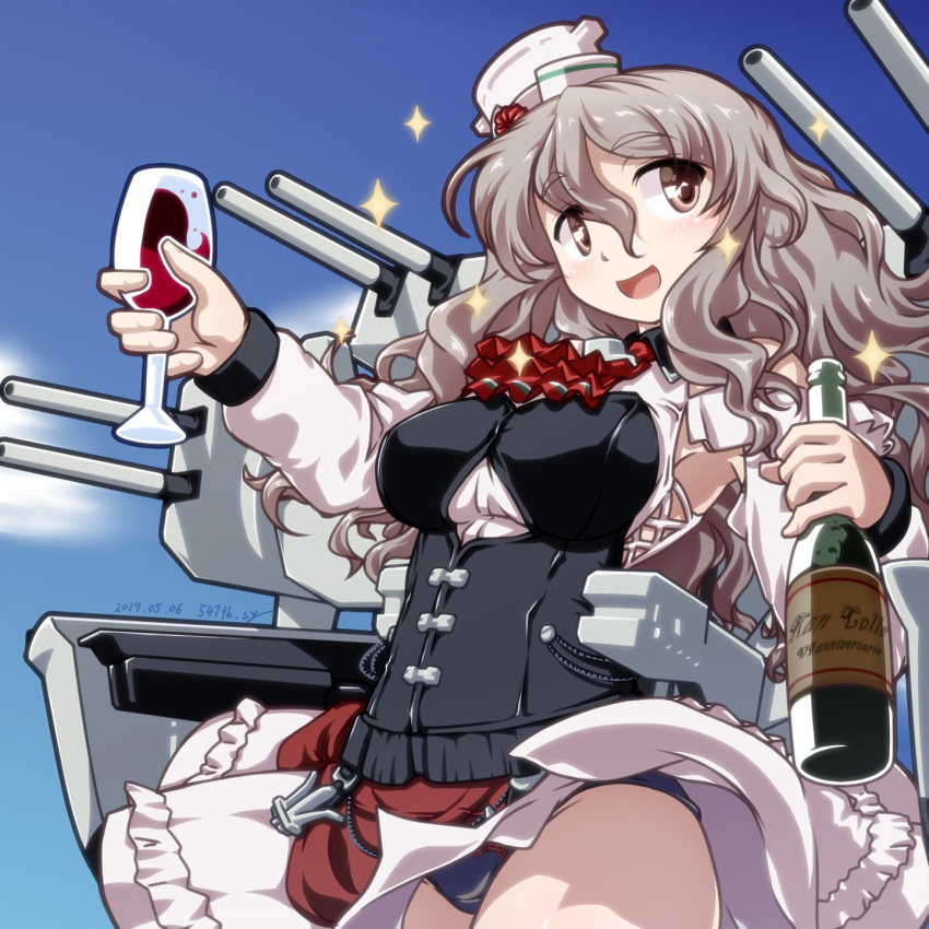 1girl 547th_sy black_panties blue_sky bottle brown_eyes cannon clouds commentary_request cowboy_shot cup drinking_glass grey_hair hat highres kantai_collection long_hair machinery mini_hat miniskirt panties pola_(kantai_collection) shirt skirt sky smile solo sparkle tilted_headwear underwear wavy_hair white_shirt wine_bottle wine_glass