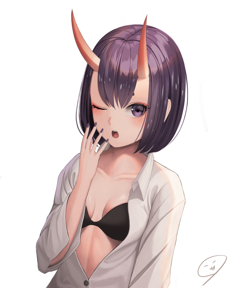 1girl absurdres bangs blush bob_cut breasts collarbone collared_shirt dress_shirt eyeliner fate/grand_order fate_(series) highres horns long_sleeves looking_at_viewer makeup merrick one_eye_closed oni oni_horns open_clothes open_mouth open_shirt purple_hair shirt short_eyebrows short_hair shuten_douji_(fate/grand_order) simple_background skin-covered_horns small_breasts solo violet_eyes white_background white_shirt yawning