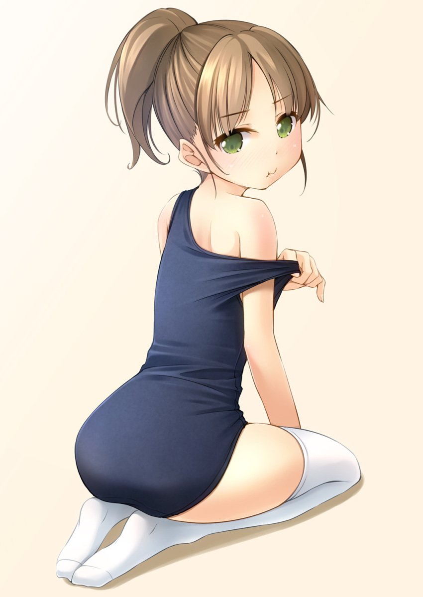 1girl beige_background blue_swimsuit brown_hair from_behind full_body green_eyes highres looking_at_viewer looking_back old_school_swimsuit original ponytail pout school_swimsuit seiza shibacha short_ponytail simple_background sitting solo swimsuit thigh-highs white_legwear