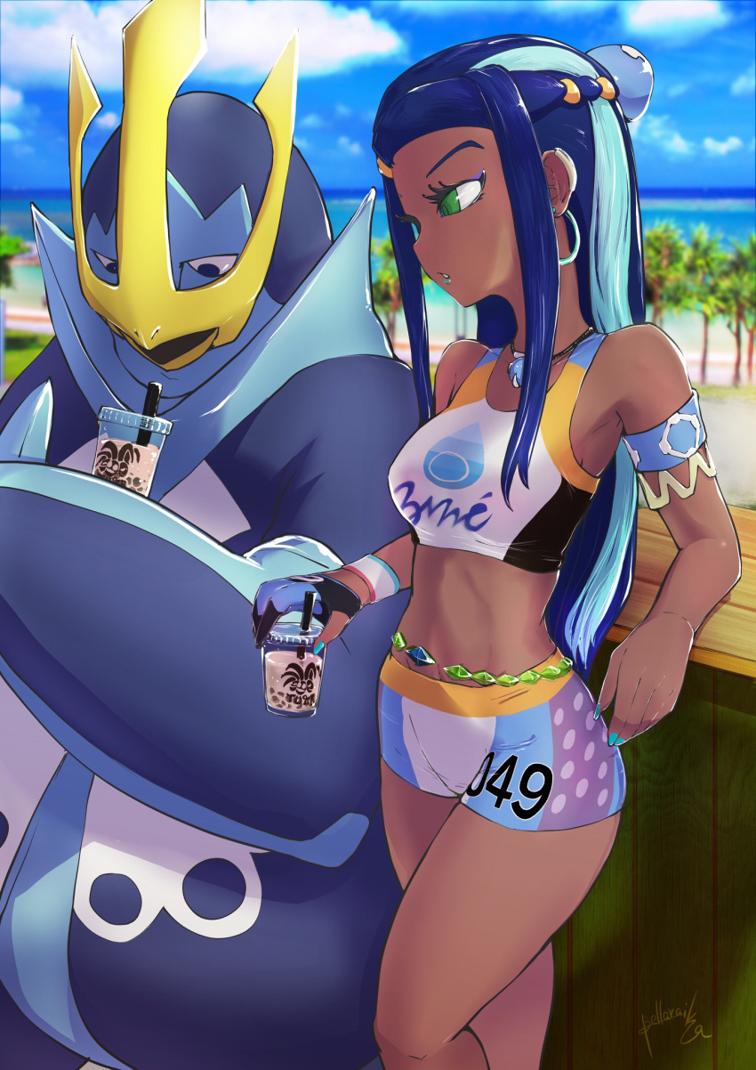 1girl armlet artist_name beach bellaraika belly_chain blue_eyeshadow blue_gloves blue_hair blue_neckwear blue_sky blurry blurry_background bubble_tea clouds cloudy_sky commentary cup dark_skin day depth_of_field disposable_cup drinking_straw earrings empoleon eyelashes eyeliner eyeshadow gen_4_pokemon gloves green_eyes gym_leader hair_bun highres holding holding_cup hoop_earrings jewelry logo long_hair looking_at_another makeup multicolored_hair nail_polish navel necklace ocean outdoors palm_tree parted_lips pokemon pokemon_(creature) pokemon_(game) pokemon_swsh rurina_(pokemon) signature single_glove sky standing swimsuit tankini tied_hair tree two-tone_hair wooden_railing wristband