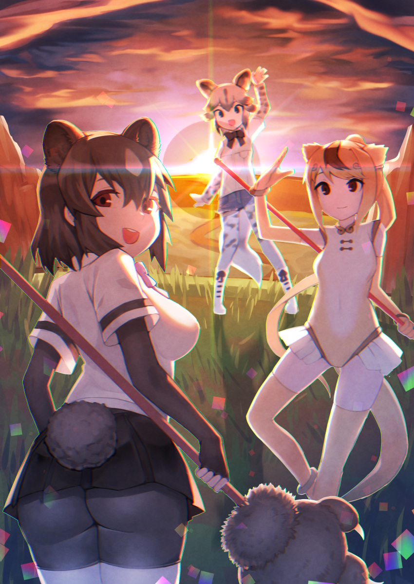 3girls :d absurdres african_wild_dog_(kemono_friends) african_wild_dog_print animal_ears arm_up arms_at_sides ass backlighting bear_ears bear_girl bear_paw_hammer bear_tail bike_shorts black_hair bodystocking boots brown_bear_(kemono_friends) brown_eyes brown_hair circlet closed_mouth commentary denim denim_shorts dog_ears dog_tail elbow_gloves evening extra_ears fingerless_gloves gloves golden_snub-nosed_monkey_(kemono_friends) grass grey_hair hand_up high_ponytail highres holding holding_weapon horizon impossible_clothes impossible_shorts kemono_friends leotard long_hair long_sleeves looking_at_viewer looking_back medium_hair microskirt monkey_ears monkey_tail multicolored_hair multiple_girls open_mouth orange_hair orange_sky outdoors shirt short_hair short_over_long_sleeves short_sleeves shorts shorts_under_skirt sidelocks skirt sky smile st.takuma standing sun sunset tail tail_through_clothes thigh-highs two-tone_hair very_long_hair weapon white_hair