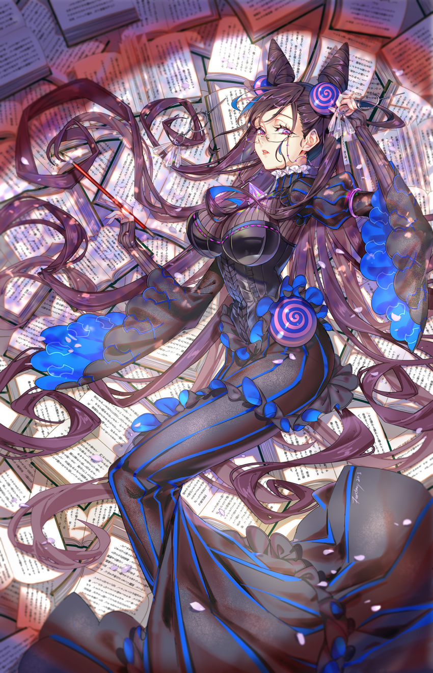 1girl absurdres amethyst_(gemstone) black_dress breasts calligraphy_brush double_bun dress fantasyxing fate/grand_order fate_(series) frilled_umbrella gem glass highres holding_brush juliet_sleeves large_breasts long_hair long_sleeves looking_at_viewer murasaki_shikibu_(fate) paintbrush puff_and_slash_sleeves puffy_sleeves sleeves_past_wrists two_side_up umbrella very_long_hair violet_eyes