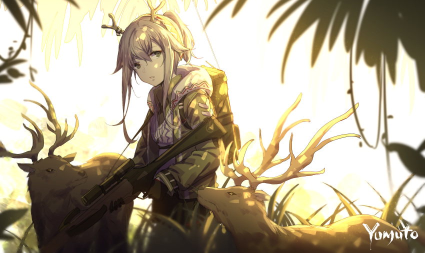 1girl absurdres antlers arknights artist_name bangs black_gloves bow_(weapon) bowl chinese_commentary commentary_request cowboy_shot crossbow elk firewatch_(arknights) gloves grey_eyes grey_hair grey_jacket hair_between_eyes highres holding holding_bowl jacket long_hair long_sleeves looking_at_viewer parted_lips ponytail signature weapon yumuto_(spring1786)
