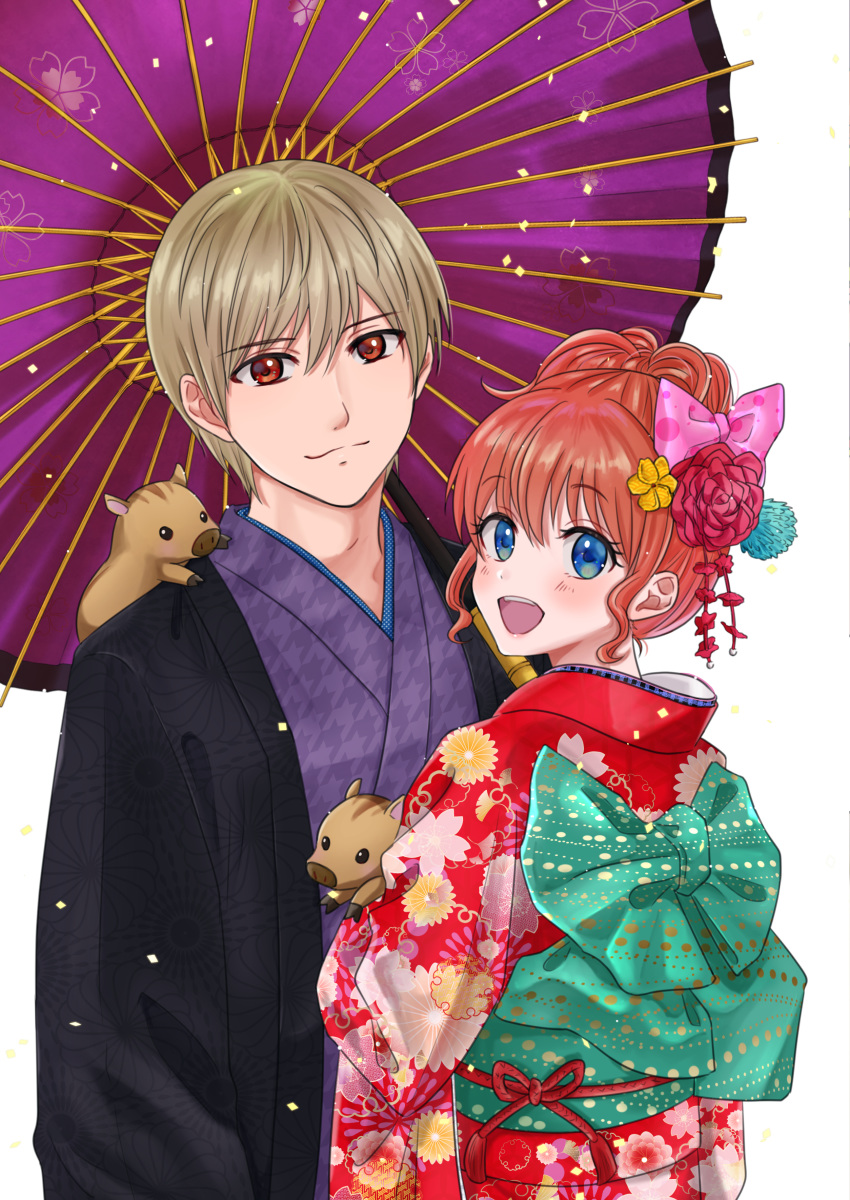 1boy 1girl :d absurdres animal animal_on_shoulder back_bow bangs blonde_hair blue_eyes blush bow closed_mouth couple eyebrows_visible_through_hair floral_print gintama green_bow hair_between_eyes haori highres holding holding_animal holding_umbrella japanese_clothes kagura_(gintama) kimono kuroneko_w1nter looking_at_viewer okita_sougo open_mouth orange_hair oriental_umbrella print_kimono purple_kimono purple_umbrella red_eyes red_kimono shiny shiny_hair short_hair smile tied_hair umbrella yukata