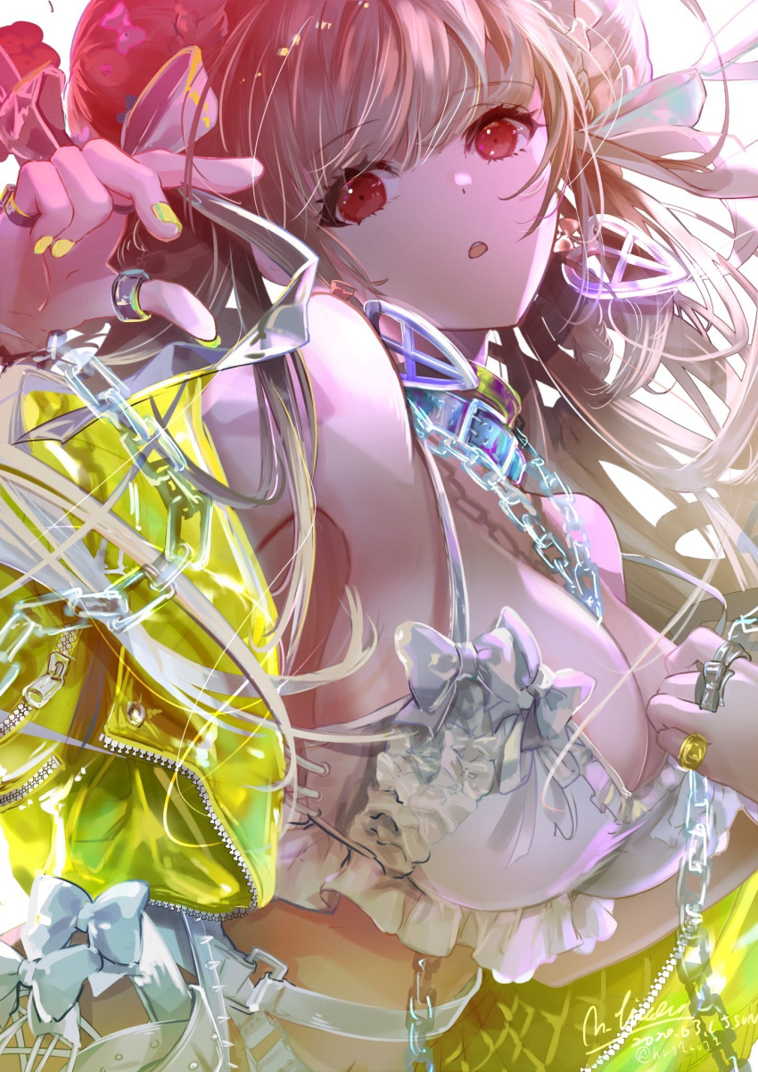 1girl alternate_costume azur_lane blush bra breasts chain collar double_bun eyebrows_visible_through_hair formidable_(azur_lane) grey_hair hair_ribbon highres hirose_(10011) jacket jewelry large_breasts long_hair looking_at_viewer nail_polish red_eyes ribbon ring solo thumb_ring twintails underwear white_bra yellow_jacket yellow_nails