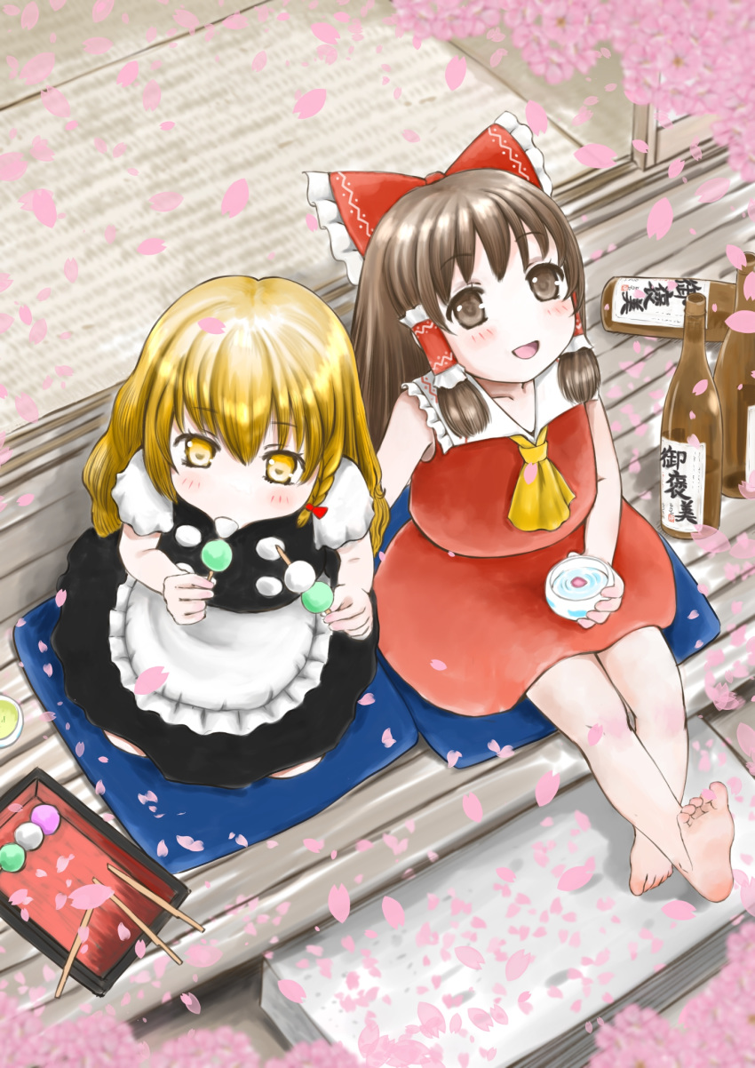 2girls :d apron bare_arms barefoot black_skirt black_vest blonde_hair blurry blurry_foreground bosutonii bottle bow braid brown_eyes brown_hair cherry_blossoms choko_(cup) commentary cravat cup cushion dango day depth_of_field eating eyebrows_visible_through_hair feet food food_in_mouth from_above hair_between_eyes hair_bow hair_tubes hakurei_reimu hanami highres holding holding_cup holding_skewer kirisame_marisa leg_lift long_hair looking_at_viewer looking_to_the_side looking_up multiple_girls no_headwear open_door open_mouth outdoors outstretched_leg petals petals_on_liquid puffy_short_sleeves puffy_sleeves red_skirt red_vest sake_bottle sanshoku_dango seiza shiny shiny_hair shirt short_sleeves sidelocks single_braid sitting skewer skirt skirt_set sleeveless sliding_doors smile soles tatami toes touhou veranda vest wagashi waist_apron white_shirt yellow_eyes yellow_neckwear zabuton