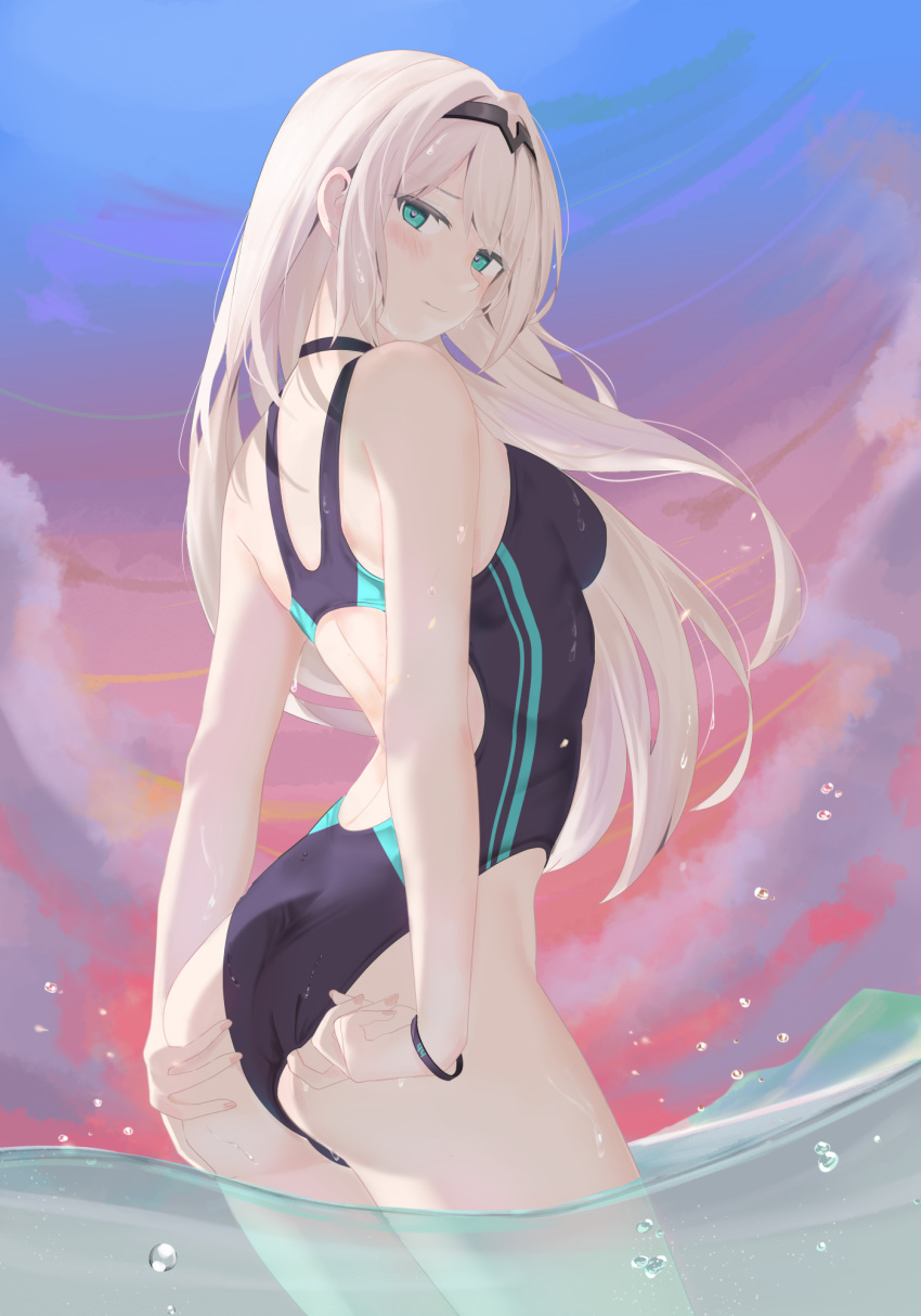 1girl an-94_(girls_frontline) aqua_eyes ass bangs bare_arms bare_shoulders black_hairband black_swimsuit blush breasts closed_mouth clouds cloudy_sky commentary_request competition_swimsuit cowboy_shot day eyelashes fingernails from_side girls_frontline hairband heart heart-shaped_pupils highleg highleg_swimsuit highres legs_together long_hair looking_at_viewer looking_back nail_polish one-piece_swimsuit outdoors pink_nails pulled_by_self ru_zhai sidelocks silver_hair sky small_breasts solo standing swimsuit swimsuit_pull symbol-shaped_pupils water_drop wet wristband