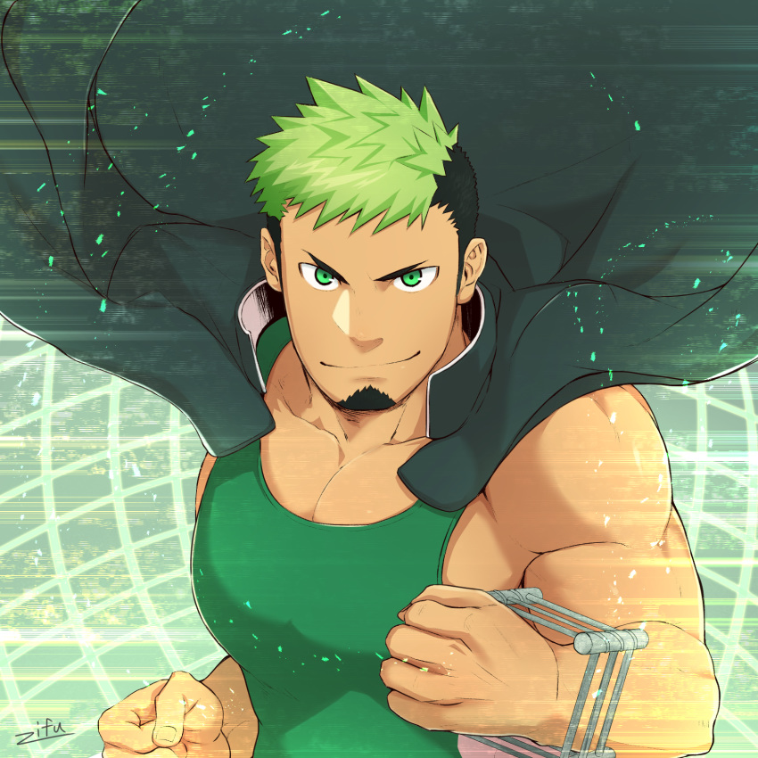 1boy abs bara beard chest clenched_hands dark_skin facial_hair green_eyes green_tank_top highres jacket_on_shoulders looking_at_viewer male_focus multicolored_hair muscle pectorals simple_background smile solo taurus_mask tokyo_houkago_summoners upper_body wrestling_outfit zifuuuun