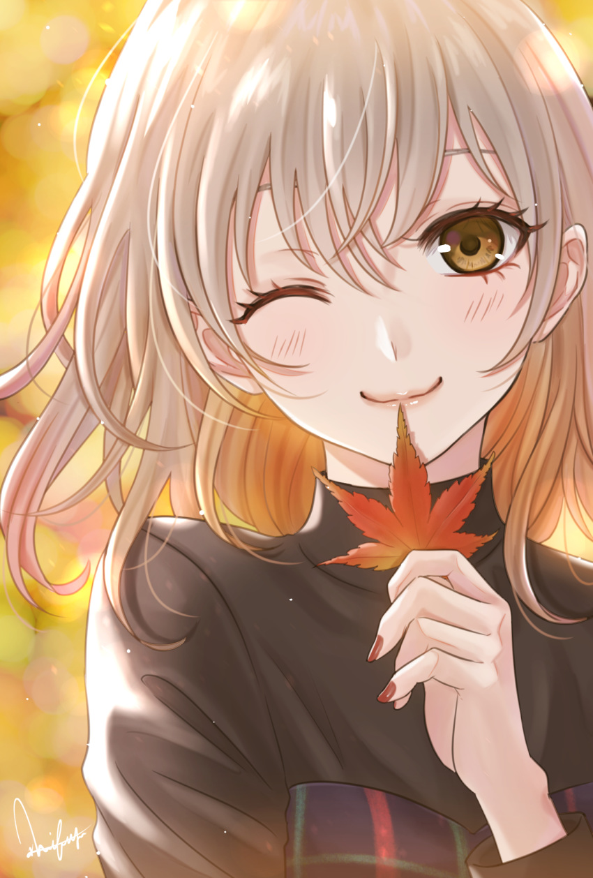 1girl ;) autumn autumn_leaves black_shirt blurry blurry_background brown_eyes brown_hair gradient_hair highres holding holding_leaf kuroneko_w1nter leaf long_hair long_sleeves looking_at_viewer maple_leaf multicolored_hair nail_polish one_eye_closed original red_nails shirt signature silver_hair smile solo upper_body