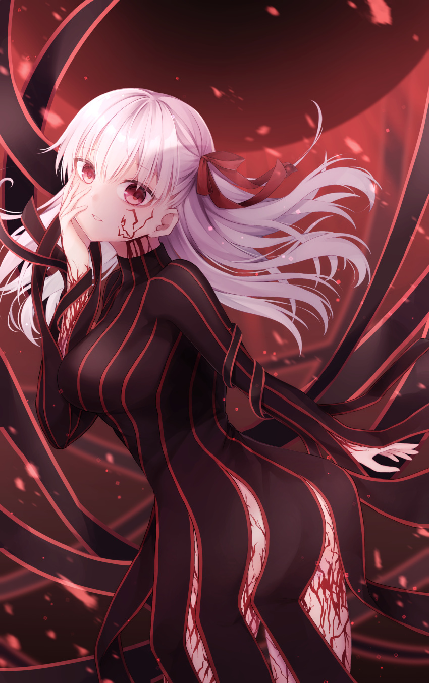 1girl absurdres bangs black_dress bow breasts commentary_request corruption cowboy_shot dark_persona dark_sakura dress eyebrows_visible_through_hair eyes_visible_through_hair facial_mark fate/stay_night fate_(series) from_side hair_between_eyes hair_bow hair_ribbon hand_on_own_cheek hand_on_own_face highres large_breasts long_hair long_sleeves looking_at_viewer looking_back matou_sakura parted_lips purple_hair red_background red_bow red_dress red_eyes red_ribbon ribbon solo striped striped_dress turtleneck turtleneck_dress two-tone_dress vertical-striped_dress vertical_stripes white_hair yua_(bokubo0806)