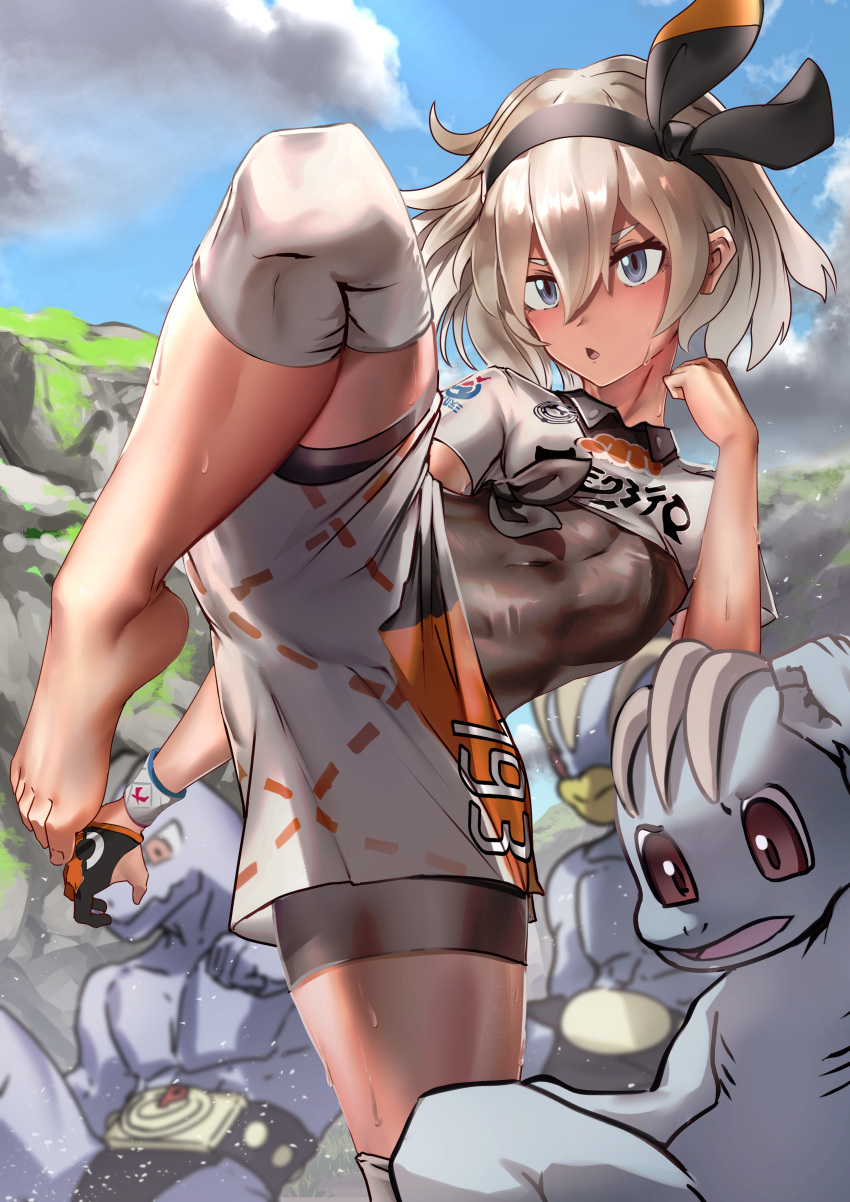 1girl abs absurdres barefoot black_hairband blue_eyes bodysuit bodysuit_under_clothes breasts commentary_request covered_navel dark_skin gen_1_pokemon gloves grey_eyes grey_hair gym_leader hair_between_eyes hairband highres looking_at_viewer machamp machoke machop nakasaku-p pokemon pokemon_(creature) pokemon_(game) pokemon_swsh saitou_(pokemon) short_hair short_sleeves shorts single_glove toned