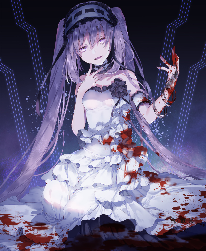1girl :d bangle bangs bare_shoulders black_ribbon blood bloody_clothes bloody_hands bracelet breasts bridal_gauntlets commentary_request dress eyebrows_visible_through_hair fate/hollow_ataraxia fate_(series) frilled_dress frilled_hairband frills hair_between_eyes hairband hand_up head_tilt highres jewelry layered_dress long_hair looking_at_viewer open_mouth purple_hair ribbon single_bridal_gauntlet small_breasts smile solo stheno strapless strapless_dress twintails twitter_username very_long_hair violet_eyes white_dress white_hairband yuuki_kira