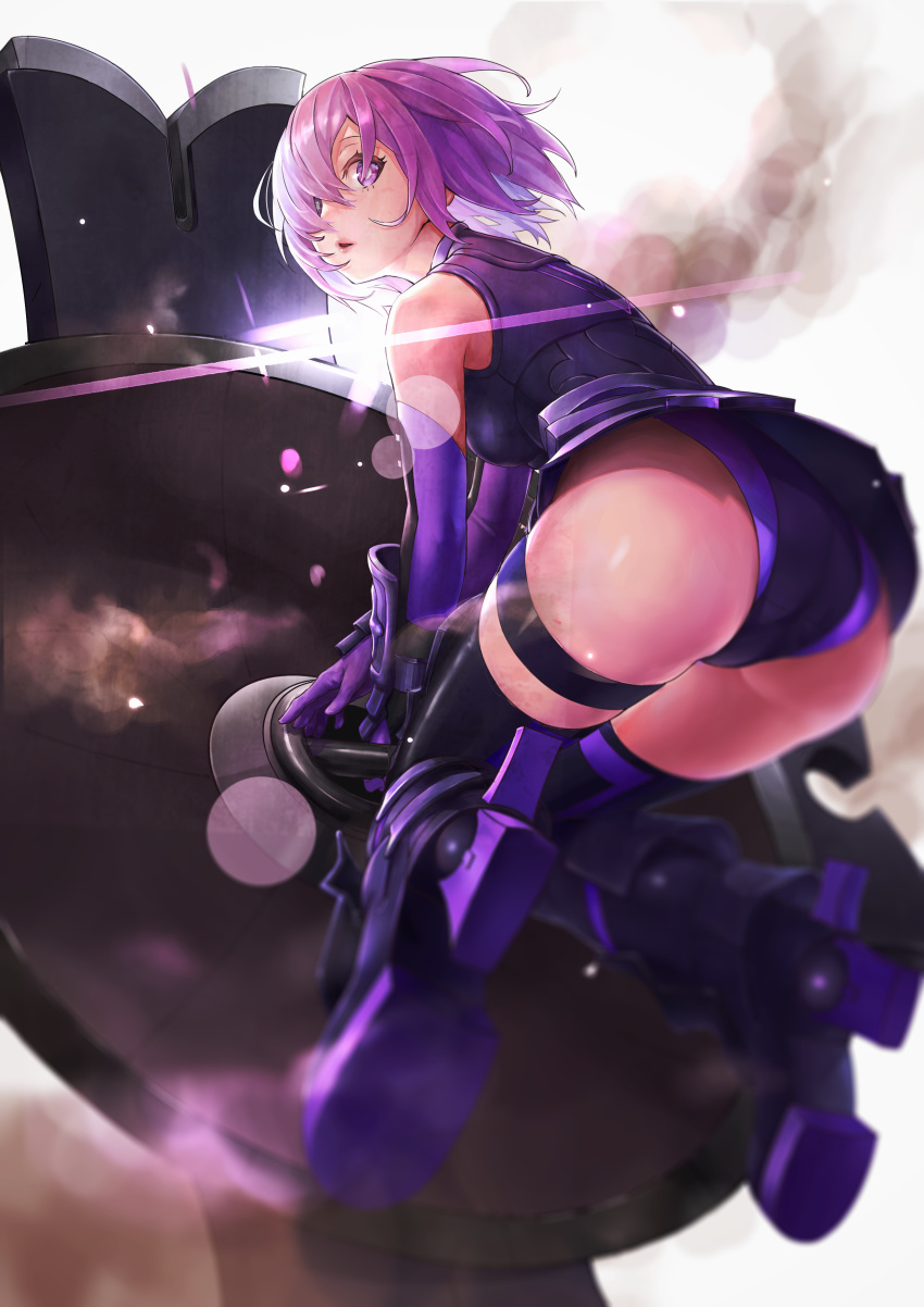 1girl absurdres armored_leotard ass black_legwear black_leotard elbow_gloves fate/grand_order fate_(series) floating_hair from_behind from_below gloves hair_between_eyes highres holding_shield kandyy_pop lens_flare leotard looking_at_viewer looking_back mash_kyrielight open_mouth pink_hair purple_gloves shield shiny shiny_skin short_hair solo thigh-highs thigh_strap violet_eyes