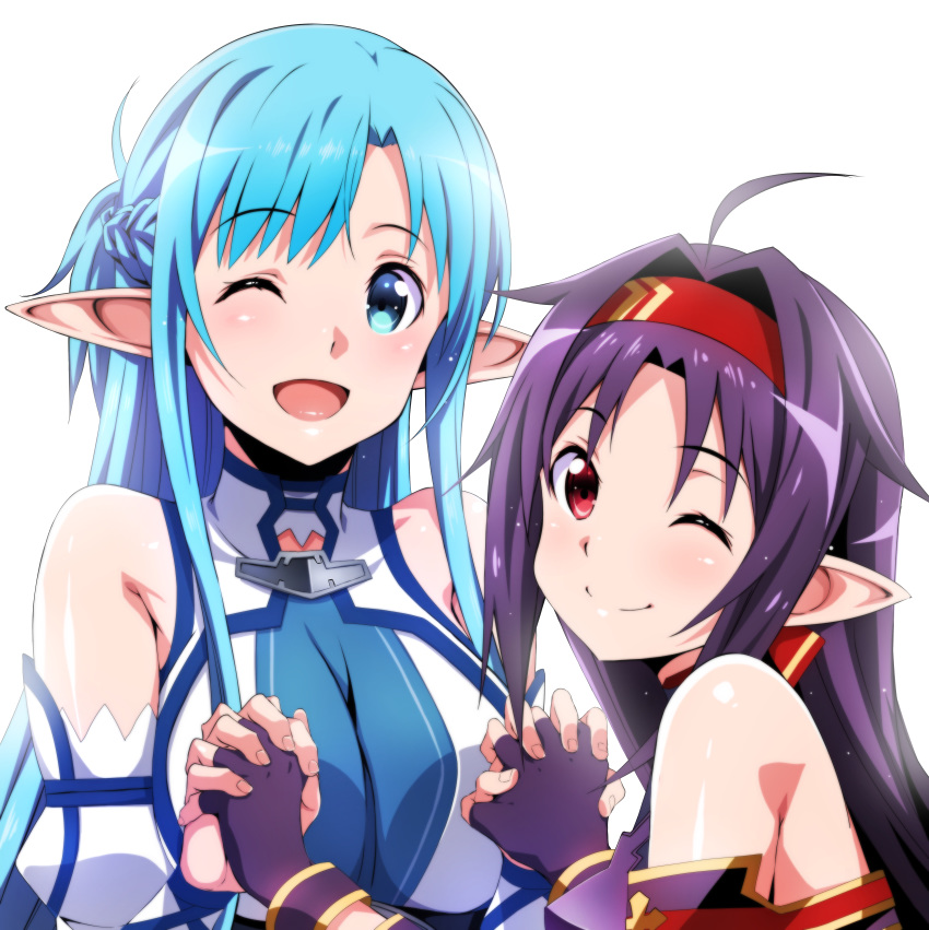 2girls absurdres ahoge airando asuna_(sao) asuna_(sao-alo) bare_shoulders blue_eyes blue_hair braid breasts detached_sleeves fingerless_gloves fingernails from_behind gloves highres holding_hands huge_filesize large_breasts long_hair looking_at_viewer multiple_girls one_eye_closed open_mouth pointy_ears purple_hair red_eyes simple_background single_braid smile sword_art_online white_background yuuki_(sao)