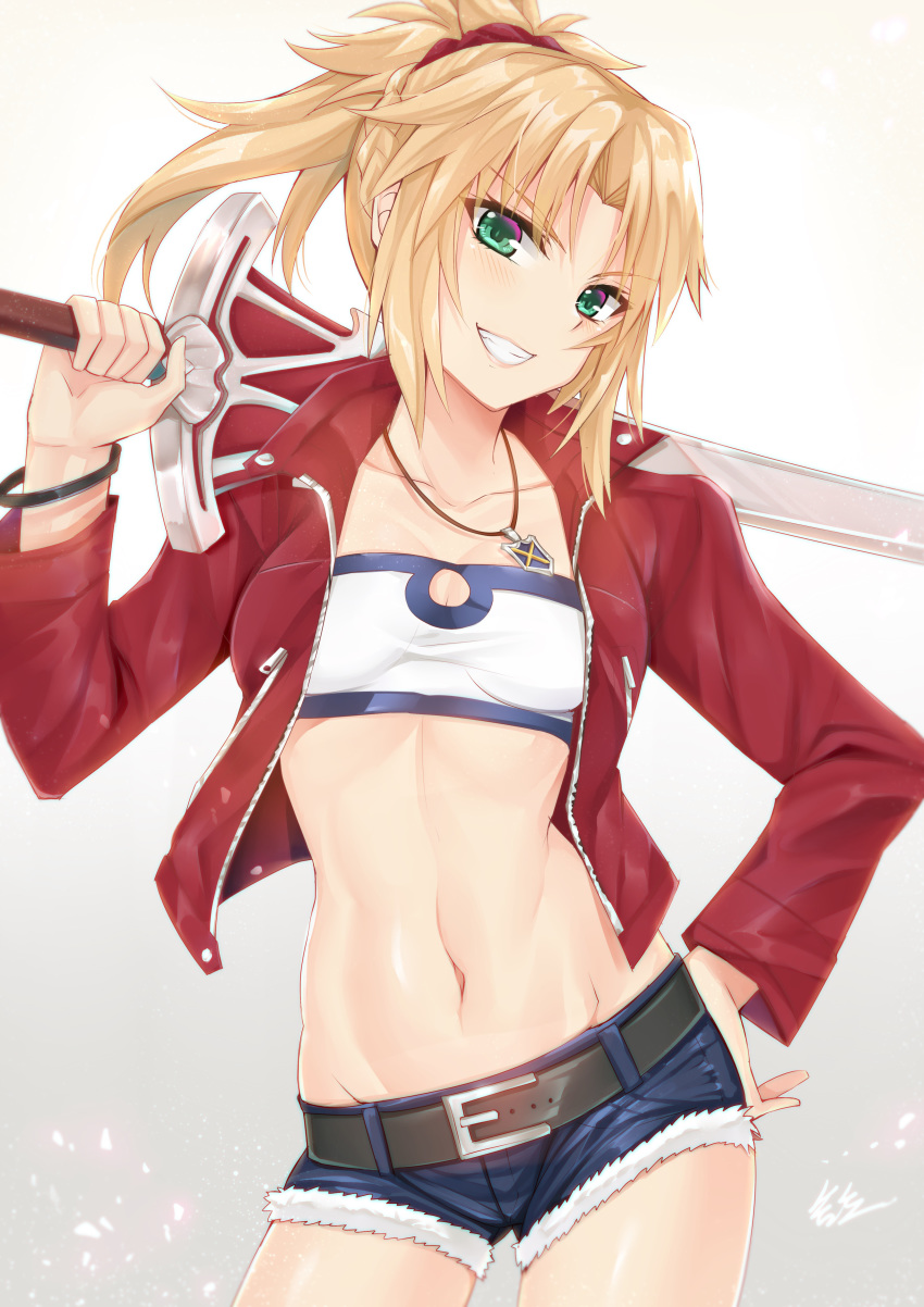 1girl absurdres bandeau bangs belt blonde_hair blue_shorts braid breasts clarent collarbone cutoffs denim denim_shorts fate/apocrypha fate_(series) french_braid green_eyes grin gu_li hair_ornament hair_scrunchie hand_on_hip highres jacket jewelry long_hair long_sleeves looking_at_viewer mordred_(fate) mordred_(fate)_(all) navel necklace open_clothes open_jacket over_shoulder parted_bangs ponytail red_jacket red_scrunchie scrunchie short_shorts shorts sidelocks small_breasts smile solo sword thighs weapon weapon_over_shoulder