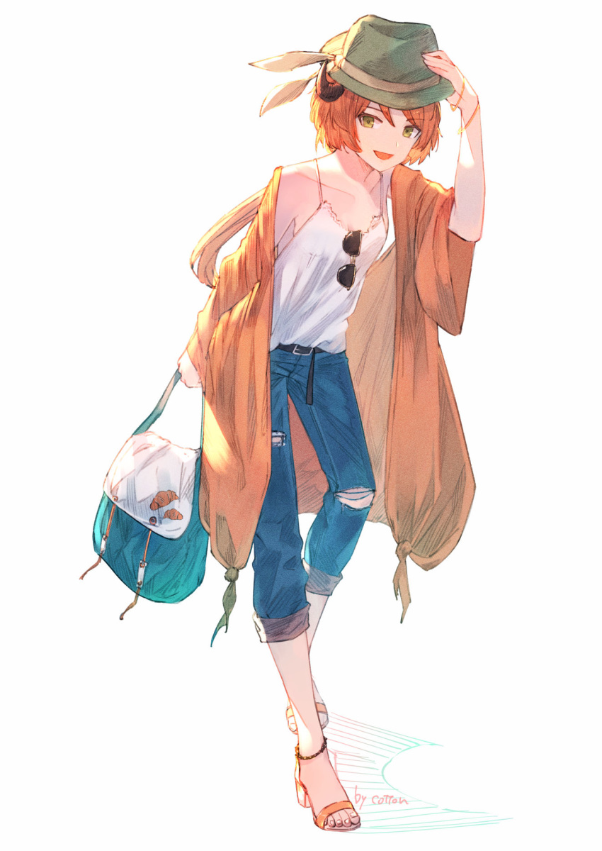 1girl :d alternate_costume arknights arm_up artist_name bag brown_eyes camisole casual commentary cotton_(cotton_toriatsu) croissant_(arknights) denim english_commentary eyewear_removed fedora full_body green_headwear hand_on_headwear hat highres holding holding_bag horn jacket jeans looking_at_viewer open_clothes open_jacket open_mouth orange_hair orange_jacket pants sandals short_hair signature simple_background smile solo spaghetti_strap standing sunglasses white_background wide_sleeves