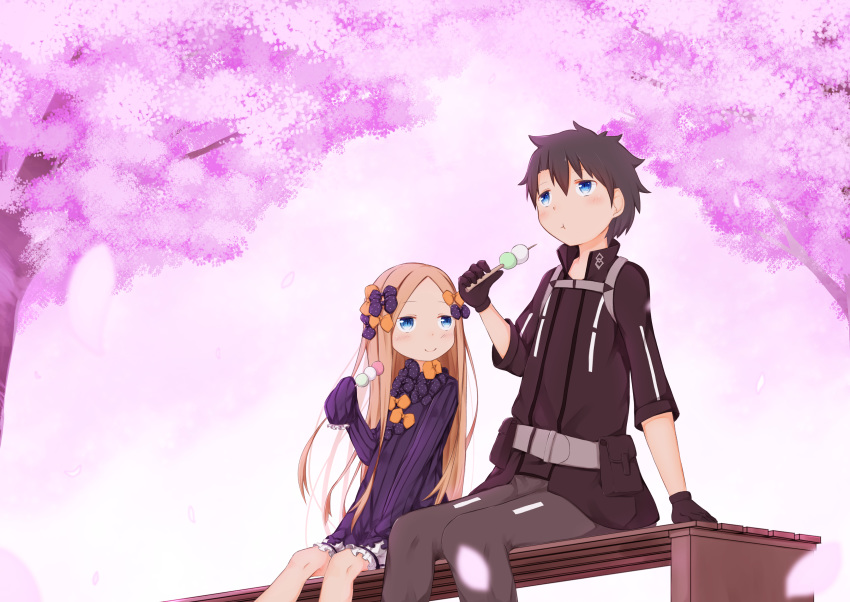 1boy 1girl :t abigail_williams_(fate/grand_order) absurdres bangs black_bow black_dress black_gloves black_hair black_jacket bloomers blue_eyes blush bow bug butterfly cherry_blossoms closed_mouth commentary_request dango dress eating eyebrows_visible_through_hair fate/grand_order fate_(series) flower food forehead fujimaru_ritsuka_(male) gloves grey_pants hair_between_eyes hair_bow hanami highres holding holding_food insect jacket light_brown_hair long_sleeves multiple_bows multiple_hair_bows no_hat no_headwear on_bench orange_bow pants parted_bangs petals pink_flower polar_chaldea_uniform polka_dot polka_dot_bow sanshoku_dango sitting sitting_on_bench sleeves_past_fingers sleeves_past_wrists smile spring_(season) su_guryu underwear uniform wagashi white_bloomers