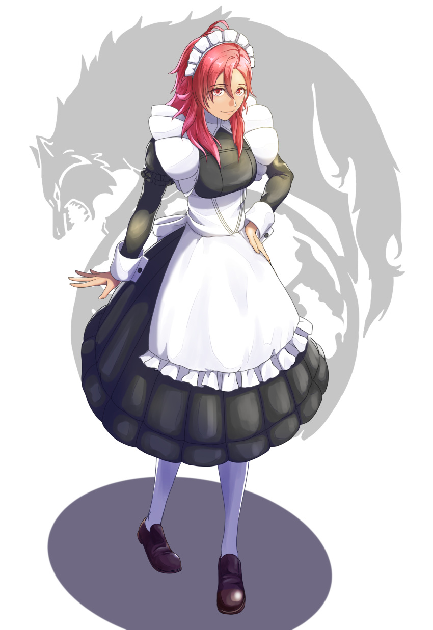 1girl absurdres alternate_costume apron black_shirt black_skirt brown_footwear closed_mouth enmaided eyebrows_visible_through_hair fire_emblem fire_emblem:_three_houses gzo1206 hand_on_hip hapi_(fire_emblem) highres loafers long_hair long_skirt long_sleeves maid maid_headdress pantyhose red_eyes redhead shiny shiny_hair shirt shoes simple_background skirt smile solo white_apron white_background white_legwear