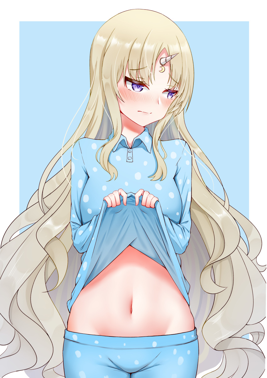 1girl absurdres blonde_hair blue_background blue_pants blue_shirt blush civia closed_mouth ctrl+z highres hololive horn lifted_by_self long_hair looking_to_the_side navel pajamas pants shirt shirt_lift simple_background solo very_long_hair violet_eyes virtual_youtuber