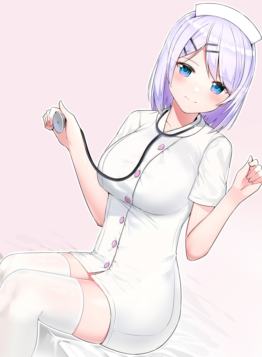 1girl absurdres bad_id bad_pixiv_id bangs bed_sheet blue_eyes blush breasts buttons closed_mouth dutch_angle gradient gradient_background hair_ornament hairclip hat highres holding large_breasts nurse nurse_cap original outline pink_background short_hair short_sleeves silver_hair sitting smile solo stethoscope suzuharu_toufu swept_bangs thigh-highs white_legwear white_outline zettai_ryouiki