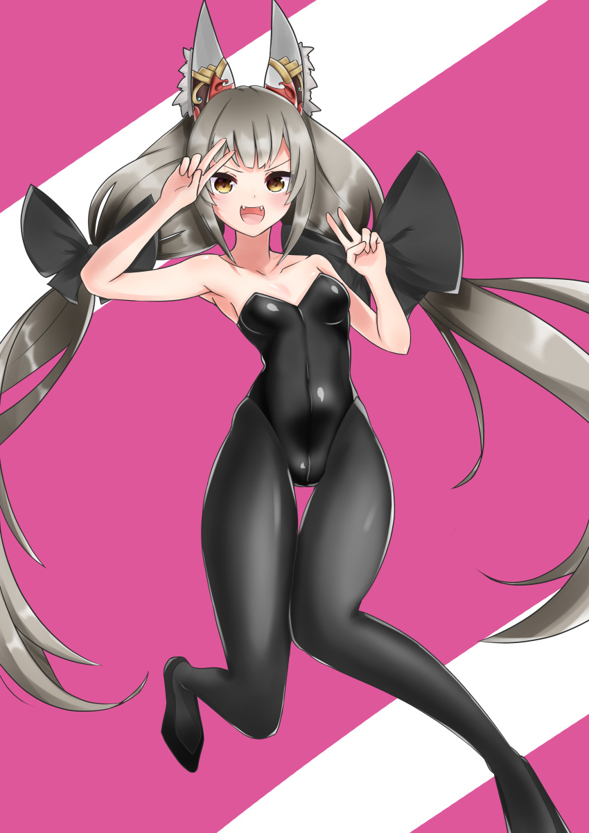 1girl absurdres animal_ears armpits black_leotard bow breasts collarbone double_v fangs hair_bow highres kamukamu_23 knees_together_feet_apart leotard long_hair looking_at_viewer low_twintails magenta_background niyah niyah_(blade) open_mouth pantyhose playboy_bunny_leotard silver_hair simple_background small_breasts spoilers thigh_gap twintails v very_long_hair white_background xenoblade_(series) xenoblade_2 yellow_eyes