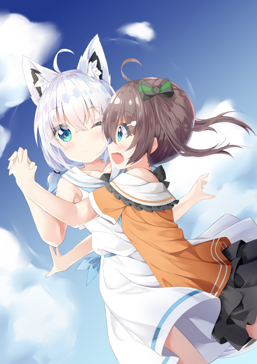 223_(pixiv332210012) 2girls absurdres ahoge animal_ear_fluff animal_ears aqua_eyes bangs blue_sky blush brown_hair closed_mouth dress fox_ears fox_girl green_eyes hair_between_eyes highres hololive interlocked_fingers looking_at_another multiple_girls natsuiro_matsuri one_eye_closed open_mouth orange_dress outdoors sailor_dress shirakami_fubuki side_ponytail sky smile tied_hair virtual_youtuber white_dress younger