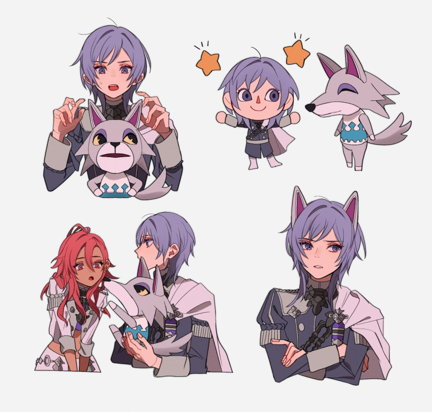 1boy 1girl animal_ears closed_mouth crossed_arms dark_skin doubutsu_no_mori fire_emblem fire_emblem:_three_houses garreg_mach_monastery_uniform grey_background hapi_(fire_emblem) highres long_sleeves multiple_views open_mouth pikapika_hoppe purple_hair red_eyes redhead short_hair simple_background smile uniform violet_eyes wolf_ears yuri_(fire_emblem)