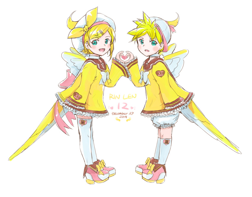 1boy 1girl 2019 anniversary aqua_eyes bangs bird bird_costume bird_tail bird_wings blonde_hair bloomers blush character_name child cockatiel commentary dated dress frilled_dress frills hair_ornament hairclip hat heart heart_hands heart_hands_duo heart_print highres kagamine_len kagamine_rin kneehighs mayo_riyo open_mouth shoes smile spiky_hair swept_bangs symmetry thigh-highs underwear vocaloid white_background white_headwear white_legwear wings yellow_dress