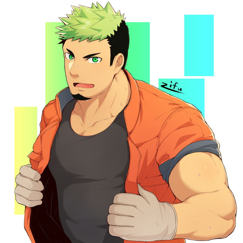 1boy abs alternate_costume bara beard black_tank_top chest dark_skin facial_hair gloves green_eyes highres looking_at_viewer male_focus multicolored_hair muscle open_clothes open_shirt pectorals simple_background solo sweat taurus_mask tokyo_houkago_summoners upper_body work_gloves zifuuuun