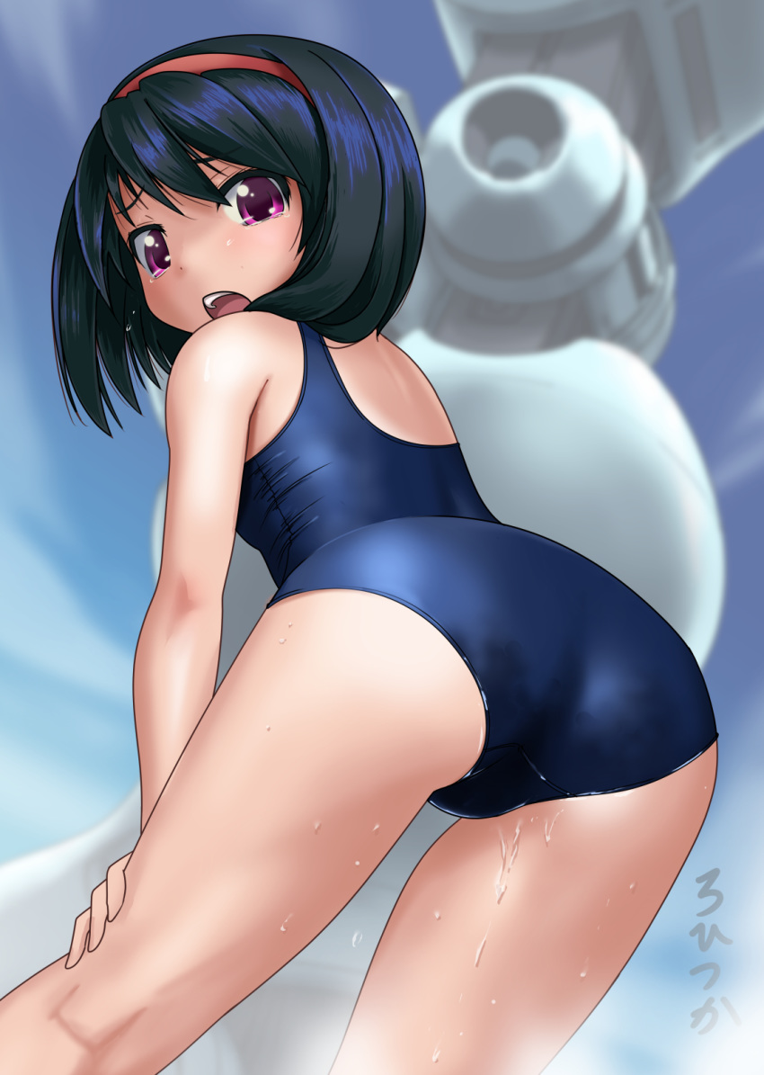 1girl artist_name ass black_hair blue_swimsuit commentary_request cowboy_shot from_behind hairband highres leaning_forward looking_at_viewer looking_back original red_eyes red_hairband rohitsuka school_swimsuit short_hair solo standing swimsuit wet