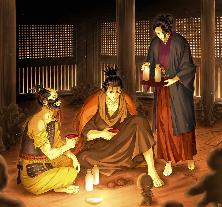 1girl 2boys arizuka_(catacombe) bare_shoulders barefoot black_hair bottle collarbone double_bun emma_the_gentle_blade hair_bun hanbei_the_undying highres holding holding_bottle indoors japanese_clothes kimono multiple_boys sake_bottle sekiro sekiro:_shadows_die_twice sitting tagme