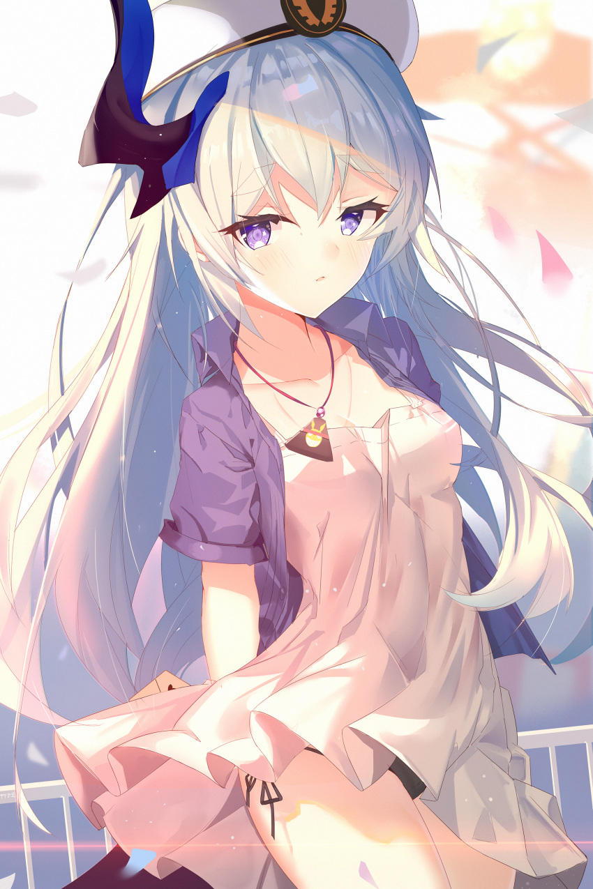 1girl absurdres arms_behind_back black_panties blue_hair blush casual commentary_request cowboy_shot dress eyebrows_visible_through_hair floating_hair hat highres holding_letter homu_(honkai_impact) honkai_(series) honkai_impact_3rd horn jacket jewelry letter liliya_olenyeva long_hair looking_at_viewer necklace open_clothes open_jacket panties pantyshot pantyshot_(standing) pink_dress short_dress short_sleeves side-tie_panties solo standing thick_eyebrows thigh-highs underwear violet_eyes wind wind_lift zettai_ryouiki zhongwu_chahui
