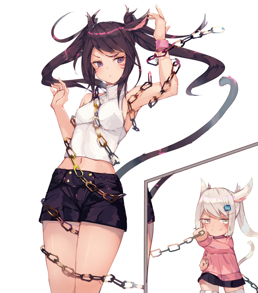 &gt;:) 2girls animal_ears arm_up armpits bangs bare_arms bare_shoulders black_hair black_shorts black_skirt blush breasts cat_ears cat_girl cat_tail chain closed_mouth commentary_request eyebrows_visible_through_hair final_fantasy final_fantasy_xiv grey_eyes hair_ornament hand_up highres holding long_sleeves midriff miqo'te multiple_girls navel pink_shirt shirt short_shorts shorts silver_hair simple_background skirt sleeveless sleeveless_shirt small_breasts smile swept_bangs tail tail_raised tota_(sizukurubiks) turtleneck twintails v-shaped_eyebrows violet_eyes whisker_markings white_background white_shirt wristband