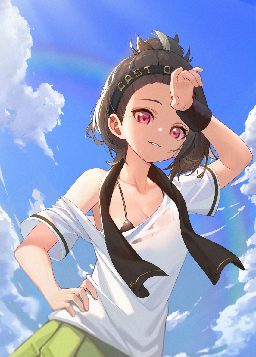1girl absurdres arm_up azur_lane bangs_pinned_back bare_shoulders black_bra black_hair black_headband black_towel blue_sky bra breasts clothes_writing clouds collarbone commentary cooper_(azur_lane) cooper_(blazing_tennis_battle)_(azur_lane) day eir green_skirt hachimaki hand_on_forehead hand_on_hip headband highres looking_at_viewer off-shoulder_shirt off_shoulder parted_lips pink_eyes pleated_skirt rainbow see-through shirt short_hair short_sleeves single_sidelock skirt sky small_breasts smile solo standing sunlight sweat towel towel_around_neck underwear upper_body wet wet_clothes wet_shirt white_shirt wristband