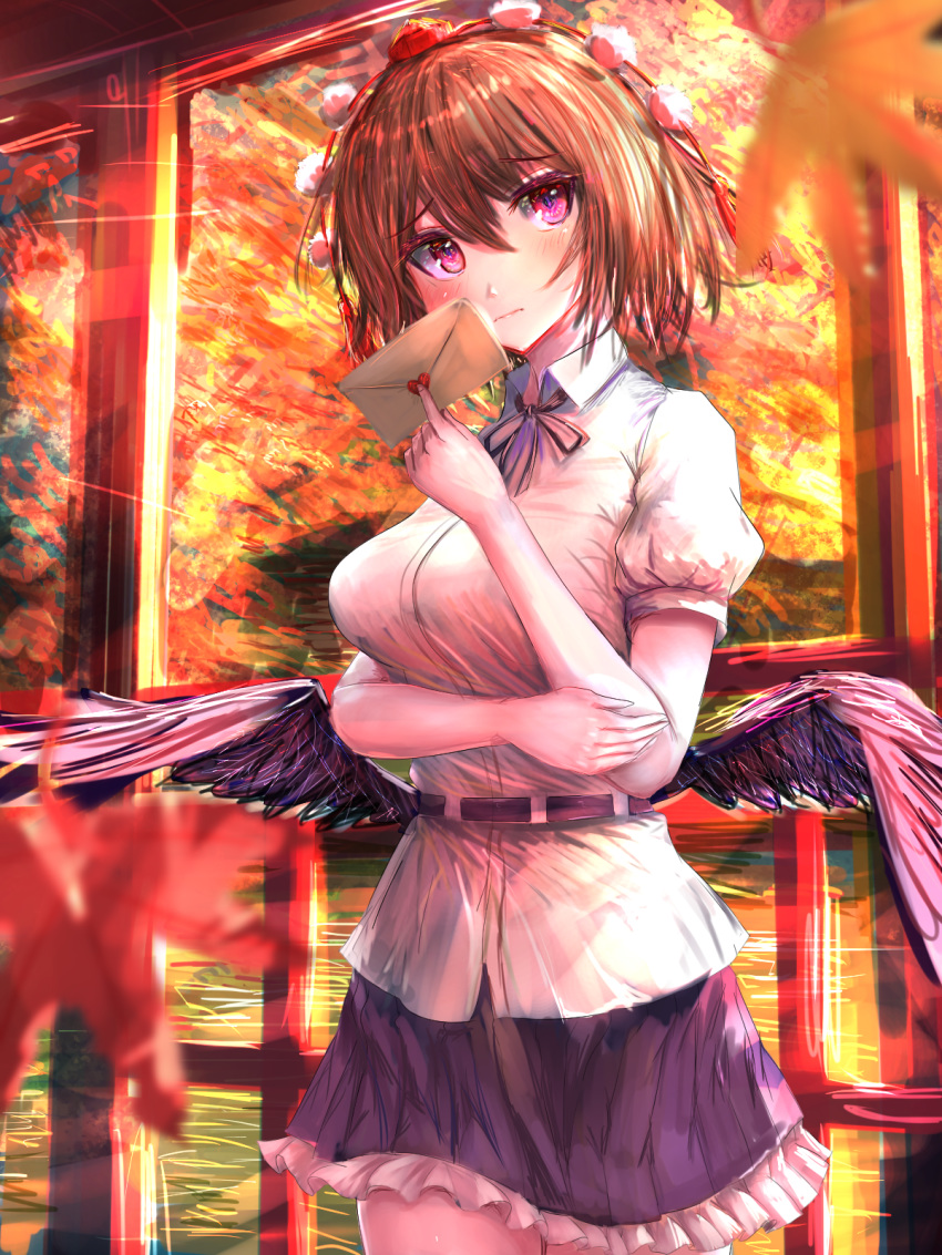 1girl arms_up autumn autumn_leaves belt bird_wings black_hair black_neckwear black_skirt blurry_foreground breasts commentary_request cowboy_shot expressionless eyebrows_visible_through_hair feathered_wings hair_between_eyes hand_on_own_arm hat head_tilt highres holding_envelope large_breasts leaf looking_at_viewer love_letter mame_(mame3737) maple_leaf miniskirt neck_ribbon petticoat pom_pom_(clothes) puffy_short_sleeves puffy_sleeves red_headwear ribbon shameimaru_aya shirt short_hair short_sleeves skirt solo standing tareme tokin_hat touhou untucked_shirt violet_eyes water white_shirt wings