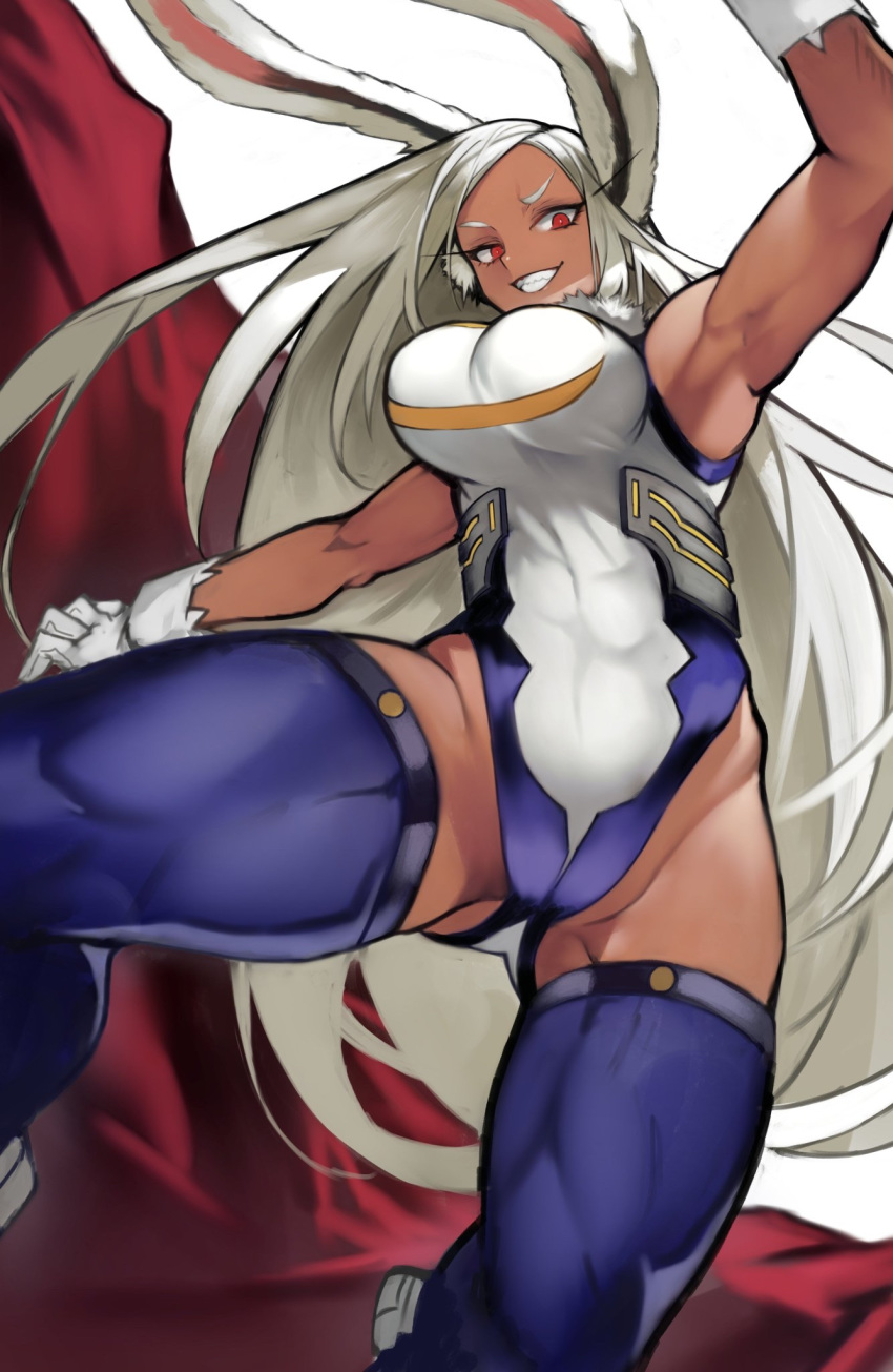 1girl 55level abs animal_ears arm_up armpits ass_visible_through_thighs attack bare_arms bare_shoulders boku_no_hero_academia breasts dark_skin eyelashes fur_collar grin groin highleg highleg_leotard highres impossible_clothes impossible_leotard large_breasts leotard long_hair looking_at_viewer mirko rabbit_ears red_eyes smile solo thigh-highs thighs toned twisted_torso very_long_hair white_hair