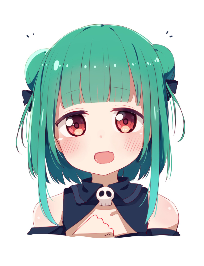 1girl :d bangs bare_shoulders black_bow blush bow commentary_request cropped_torso double_bun eyebrows_visible_through_hair fang green_hair hair_bow hand_up highres hololive okota_mikan open_mouth red_eyes sidelocks simple_background skull smile solo upper_body uruha_rushia virtual_youtuber white_background