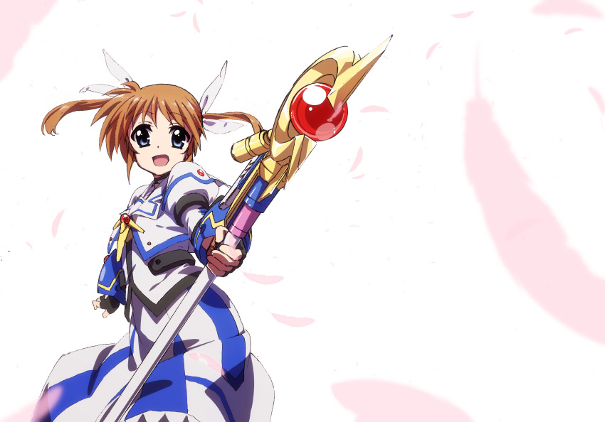 1girl absurdres black_gloves blue_eyes bracer brown_hair bygddd5 commentary dress eyebrows_visible_through_hair feathers fingerless_gloves gloves hair_ribbon highres holding holding_staff jacket juliet_sleeves long_hair long_sleeves looking_at_viewer lyrical_nanoha magical_girl mahou_shoujo_lyrical_nanoha mahou_shoujo_lyrical_nanoha_the_movie_1st medium_dress open_mouth puffy_sleeves raising_heart ribbon short_hair smile solo staff standing takamachi_nanoha twintails white_background white_dress white_jacket white_ribbon