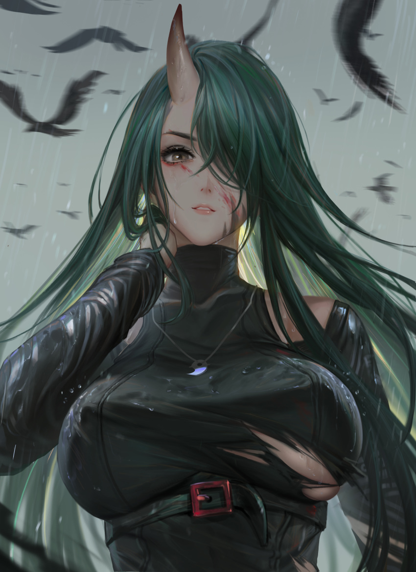 1girl absurdres arknights bird black_shirt blood blood_on_face breasts brown_eyes buckle detached_sleeves dirty_face green_hair hair_over_one_eye highres horn hoshiguma_(arknights) large_breasts long_hair long_sleeves magatama_necklace motion_blur outdoors parted_lips pink_lips rain shirt skin_tight smile solo torn_clothes under_boob underbust upper_body very_long_hair youyi_(jiam009)
