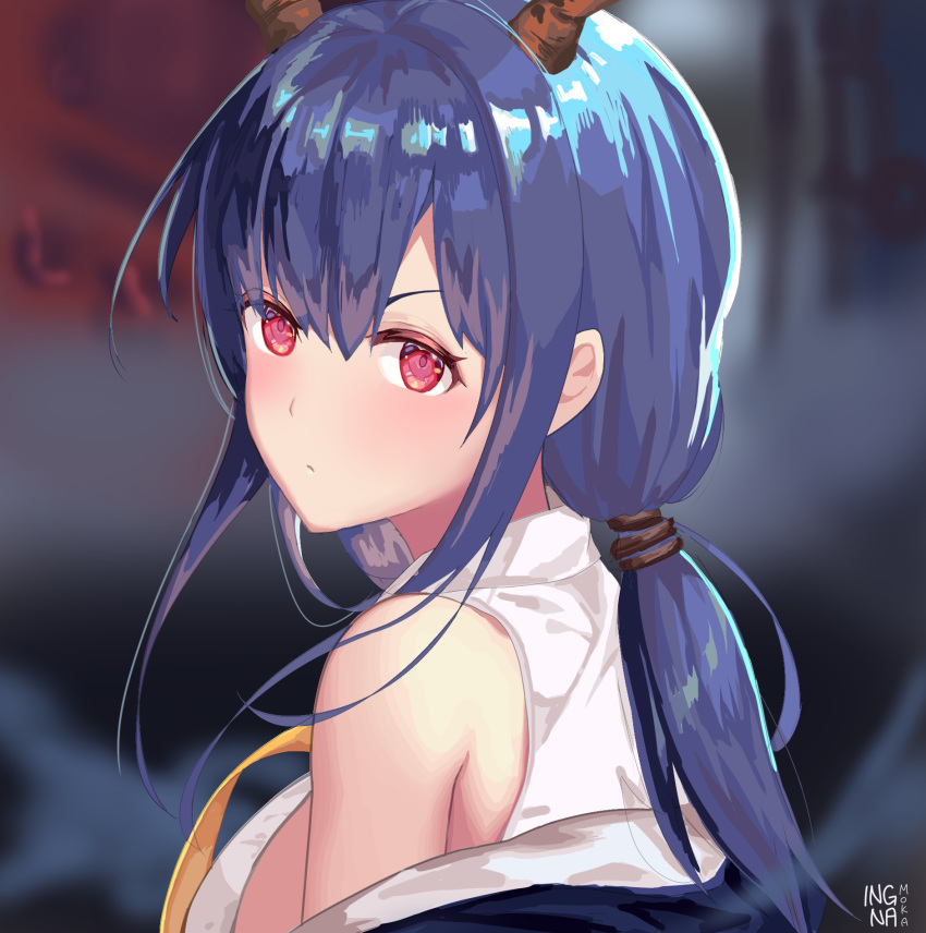 1girl arknights bangs bare_shoulders blue_hair blurry blurry_background blush breasts ch'en_(arknights) commentary_request dragon_horns hair_between_eyes highres horns long_hair looking_at_viewer medium_breasts necktie red_eyes shirt sidelocks solo team_moka upper_body white_shirt yellow_neckwear