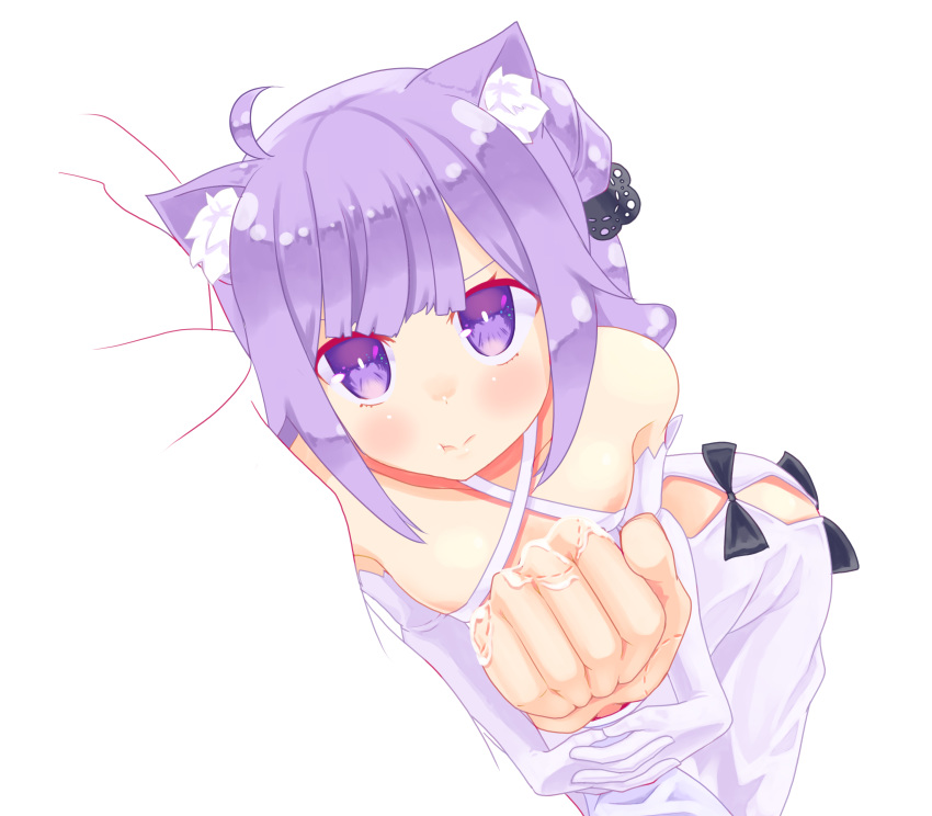 1girl absurdres ahoge animal_ears arm_holding azur_lane bangs bite_mark blush cat_ears closed_mouth dress elbow_gloves gloves highres hujikok interlocked_fingers kemonomimi_mode looking_at_another looking_at_viewer pout purple_hair saliva simple_background solo_focus unicorn_(azur_lane) violet_eyes white_background white_dress white_gloves