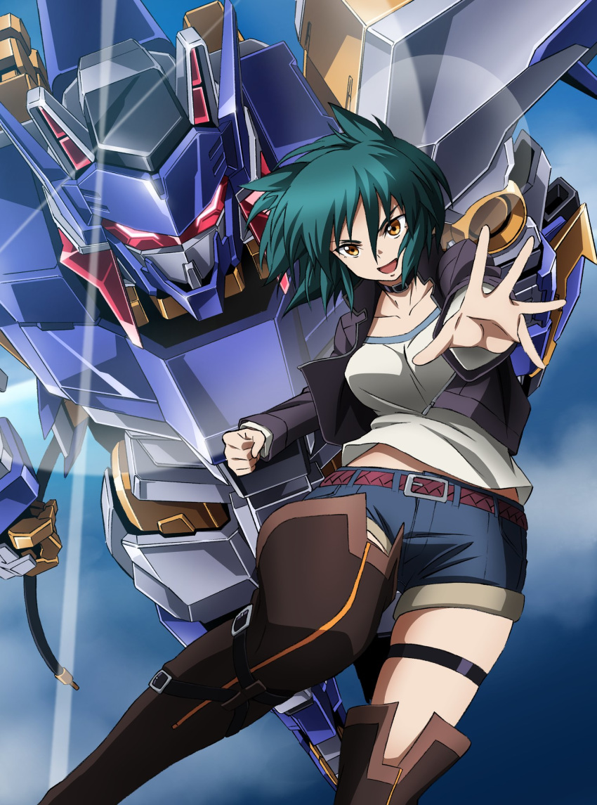 1girl belt blue_sky boots choker clenched_hand commentary_request cropped_jacket denim denim_shorts glint glowing glowing_eyes green_eyes hair_flaps highres jacket kumichou_(ef65-1118-ef81-95) looking_at_viewer mecha open_mouth original outstretched_hand reaching_out red_eyes shirt short_hair shorts skindentation sky thigh-highs thigh_boots thigh_strap white_shirt yellow_eyes