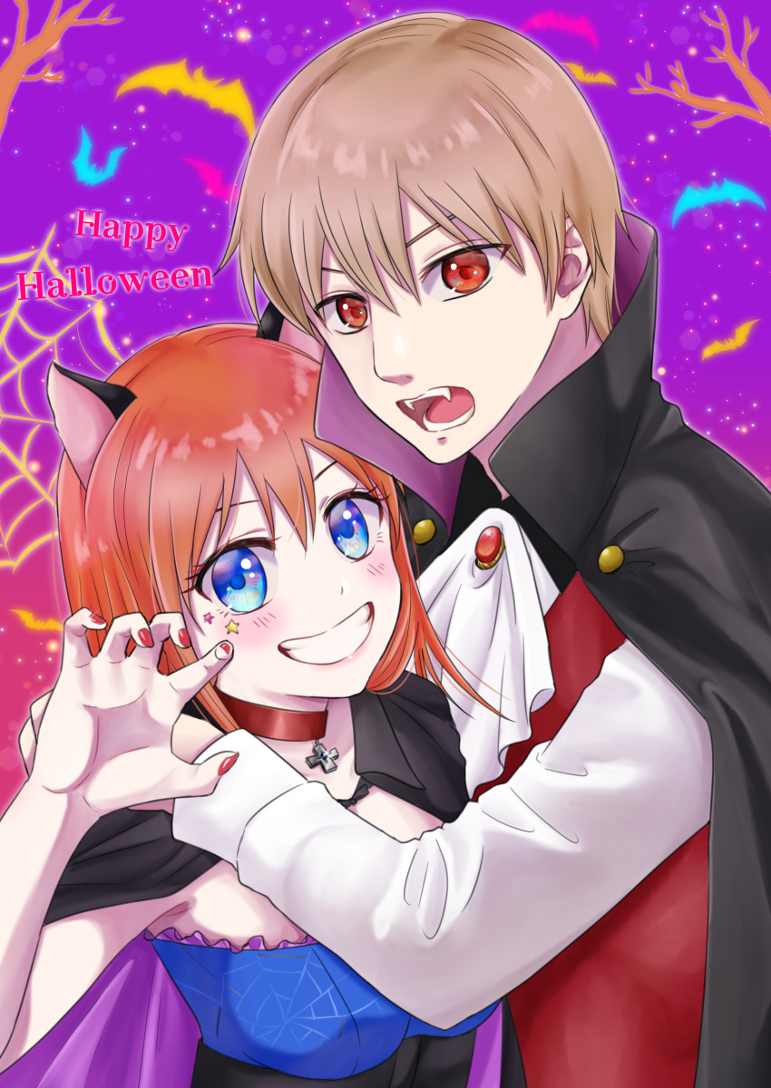 1boy 1girl absurdres animal_ears bangs black_cape blue_eyes cape cat_ears choker collarbone couple gintama grin hair_between_eyes halloween halloween_costume happy_halloween highres kagura_(gintama) kuroneko_w1nter light_brown_hair long_sleeves looking_at_viewer nail_polish okita_sougo orange_hair red_eyes red_nails shiny shiny_hair shirt short_hair smile upper_body white_neckwear white_shirt