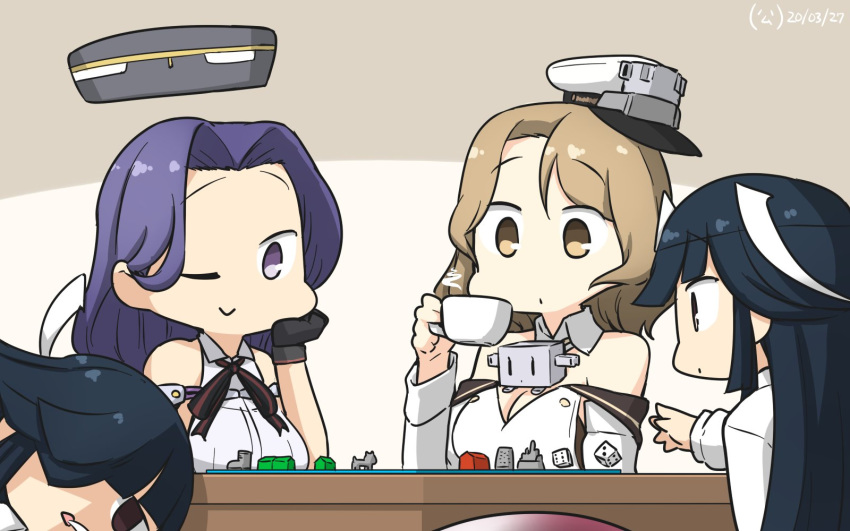 4girls :&gt; ;&gt; ;) arm_at_side black_hair board_game bow bowtie breasts brown_eyes commentary_request cup detached_sleeves dice dual_persona from_side hair_over_one_eye halterneck hamu_koutarou hat hayashimo_(kantai_collection) highres hime_cut houston_(kantai_collection) indoors kantai_collection large_breasts light_brown_hair long_hair mechanical_halo military military_uniform monopoly multiple_girls naval_uniform one_eye_closed open_mouth peaked_cap purple_hair remodel_(kantai_collection) school_uniform shirt short_hair sitting smile table tatsuta_(kantai_collection) teacup uniform very_long_hair violet_eyes white_headwear white_shirt